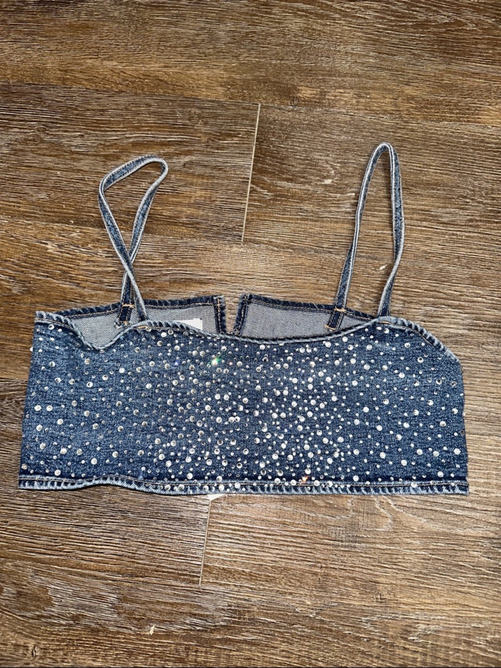 Zara Blue Denim Crystal-Embellished Crop Top